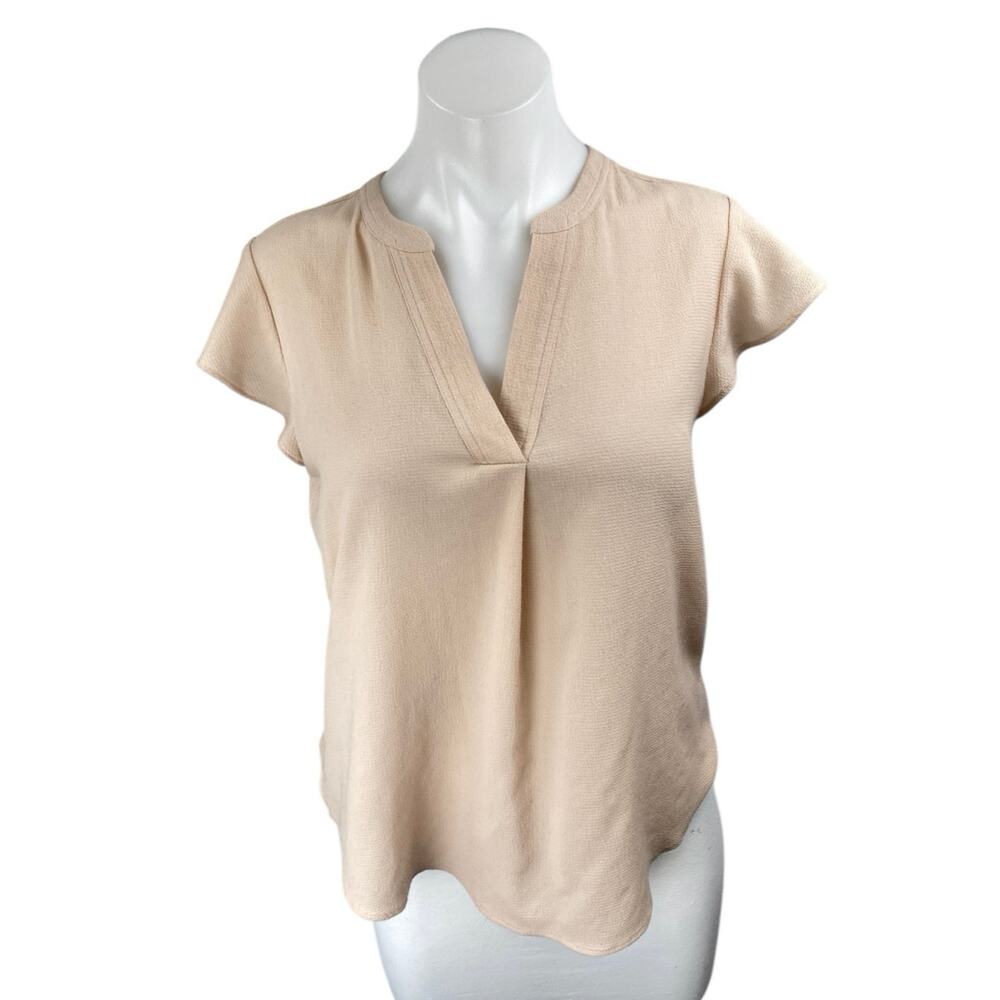 Calvin Klein Women's Beige Short Cap Sleeve V Neck Pleated Blouse Top Size S